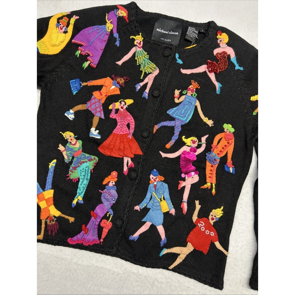 Rare VTG Michael Simon cardigan sweater colorful embroidered dancing figures S